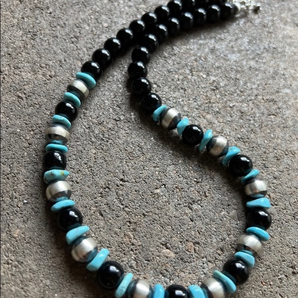 Sterling Silver Black Onyx Turquoise Bead Necklace. 18 Inch - Picture 6 of 12